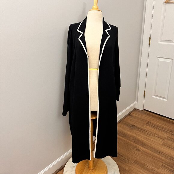 Lord & Taylor Long Cardigan Sweater Knit Jacket Black Contrast Edging Sz 2X - Picture 1 of 11